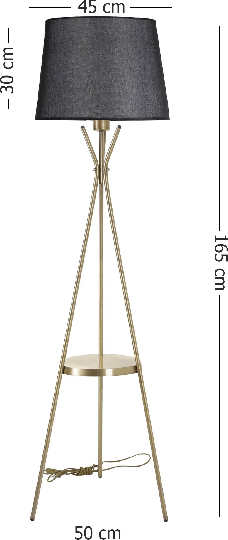 Talna svetilka z metalnim ogrodjem, črn tekstilni abažur, z majhno polico Opviq