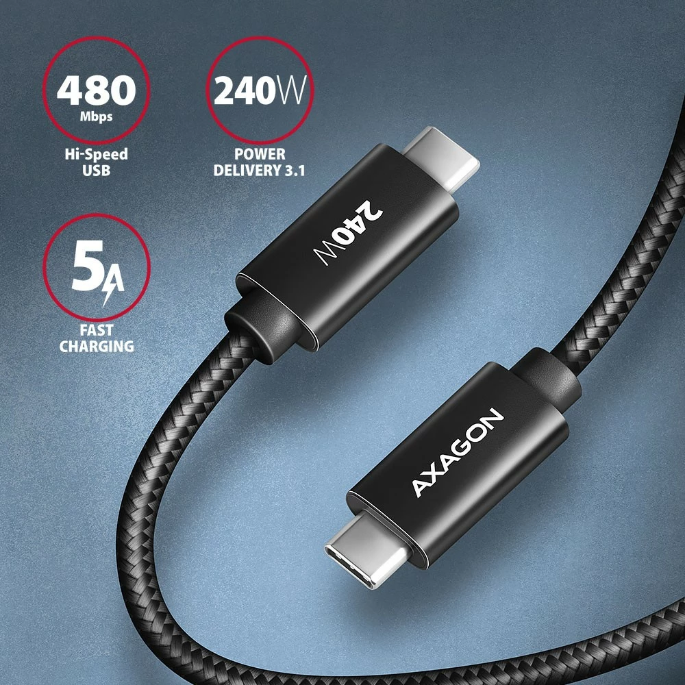 Kabel USB-C na USB-C, 3 m, 240 W, črn AXAGON BUCM2-CM30AB