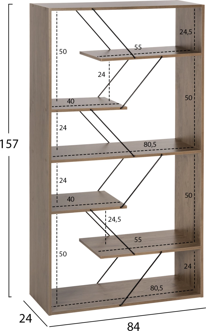 Knjižna omara TARS FH2240.13 v olivno sivi barvi iz melamina - črne kovinske palice 84x24x157H cm