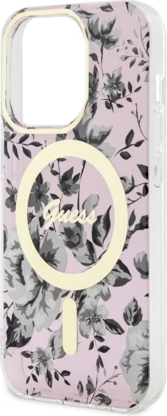 Zaščitni ovitek z cvetličnim vzorcem za iPhone 14 Pro 6,1", Guess GUHMP14LHCFWSP, roza
