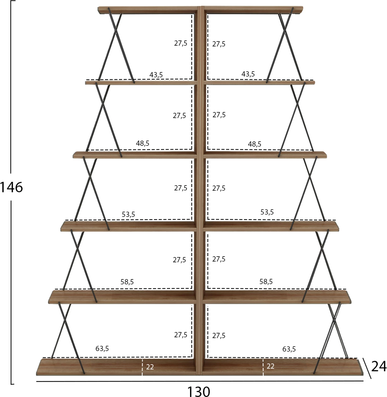 Komplet knjižnih omar 2 kosa MINI TARS FH11772.14 melamin v barvi hrasta-črne kovinske palice 65x24x146H cm (x2)