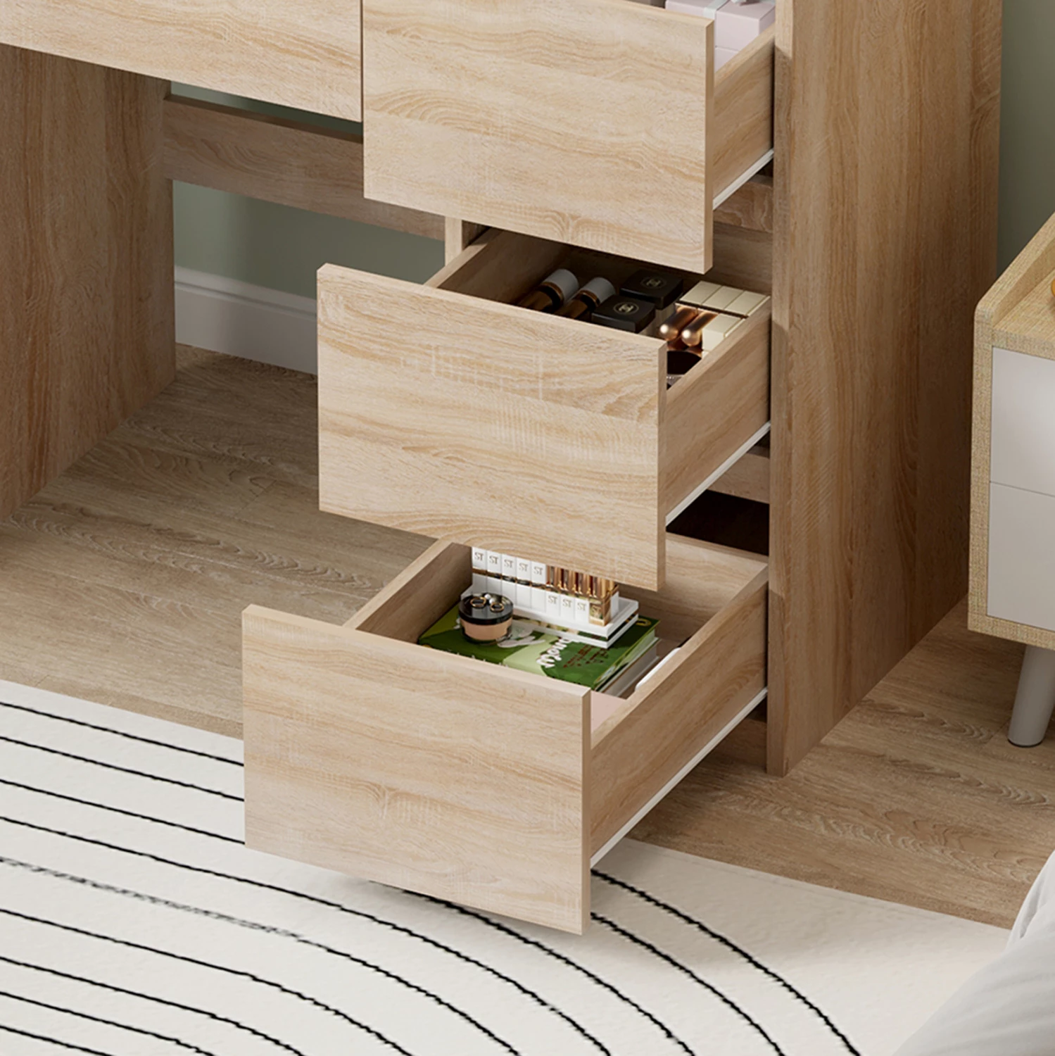 Miza za ličenje z LED lučmi in predali KEITLIN FH2499.01, melamin, sonoma, 80x40x140 cm