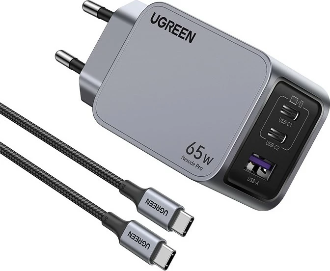 Universalni polnilec Ugreen 25871, 65W, 2x USB Type-C, 1x USB, siv