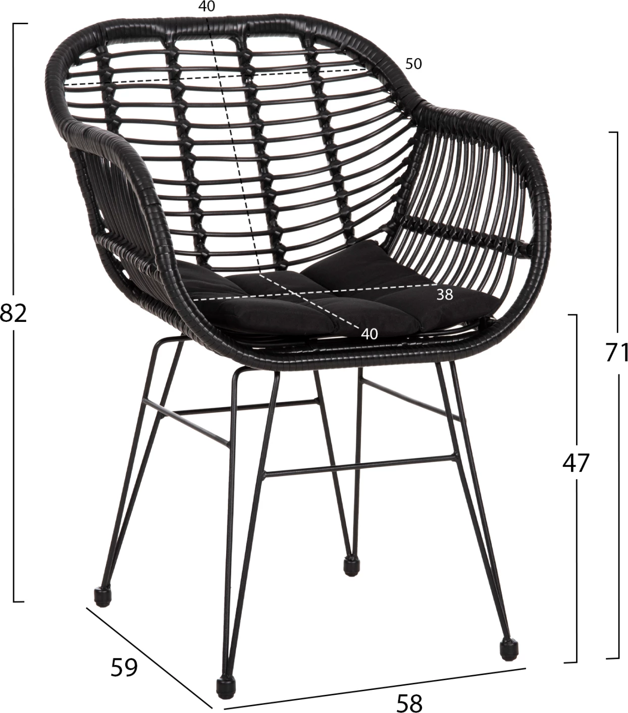 Fotelj z blazino za sedež kovinski okvir ALLEGRA FH5450.32 črn ratan v pletenju 58x59x82H