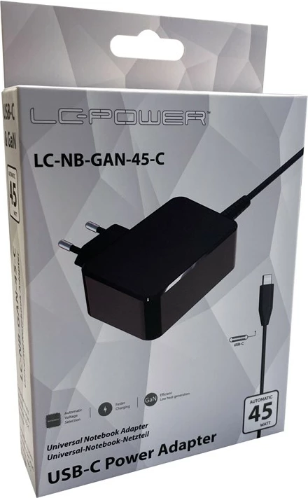 Univerzalni adapter 45 W, USB-C, črn LC-Power LC-NB-GAN-45-C