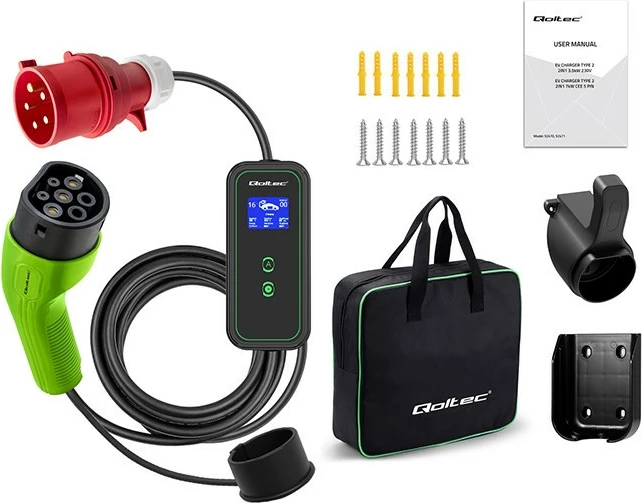 Prenosni polnilec za električna vozila Qoltec 52477, Type 2, 7 kW, 5 m, WiFi, črn/zelen