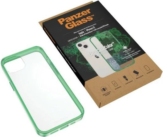 Zaščitni ovitek ClearCase, PanzerGlass za iPhone 13/14/15, prozoren z zelenim robom, antibakterijski, Military Grade