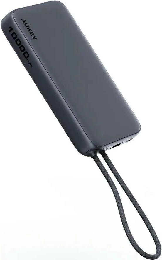 Power bank 10000 mAh, 22.5W, 4×USB, z vgrajenim kablom USB-C, AUKEY Spark Sling PB-Y53P, črn