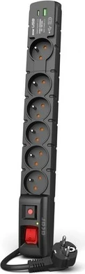 Prenapetostna zaščitna vtičnica Acar S6 USB A+C, 6 vtičev, 5 m, 2 USB vrata, črna