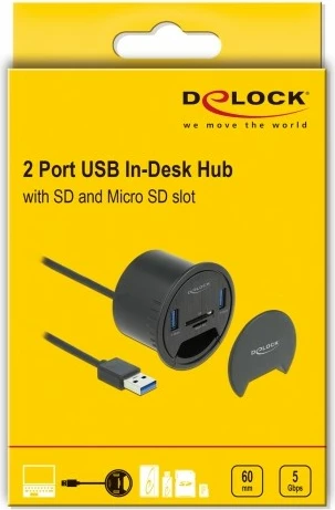 USB hub z 2 vhodoma, čitalec kartic SD/MicroSD, črn - DeLOCK