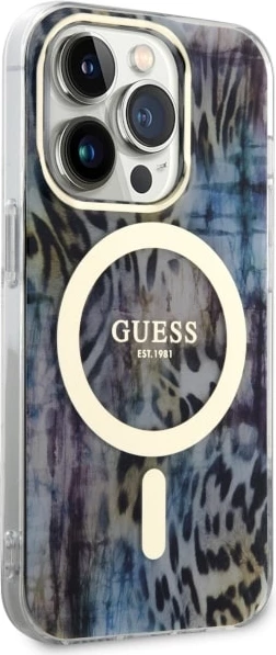 Zaščitni ovitek z leopardskim vzorcem MagSafe za iPhone 14 Pro 6,1", Guess, modra