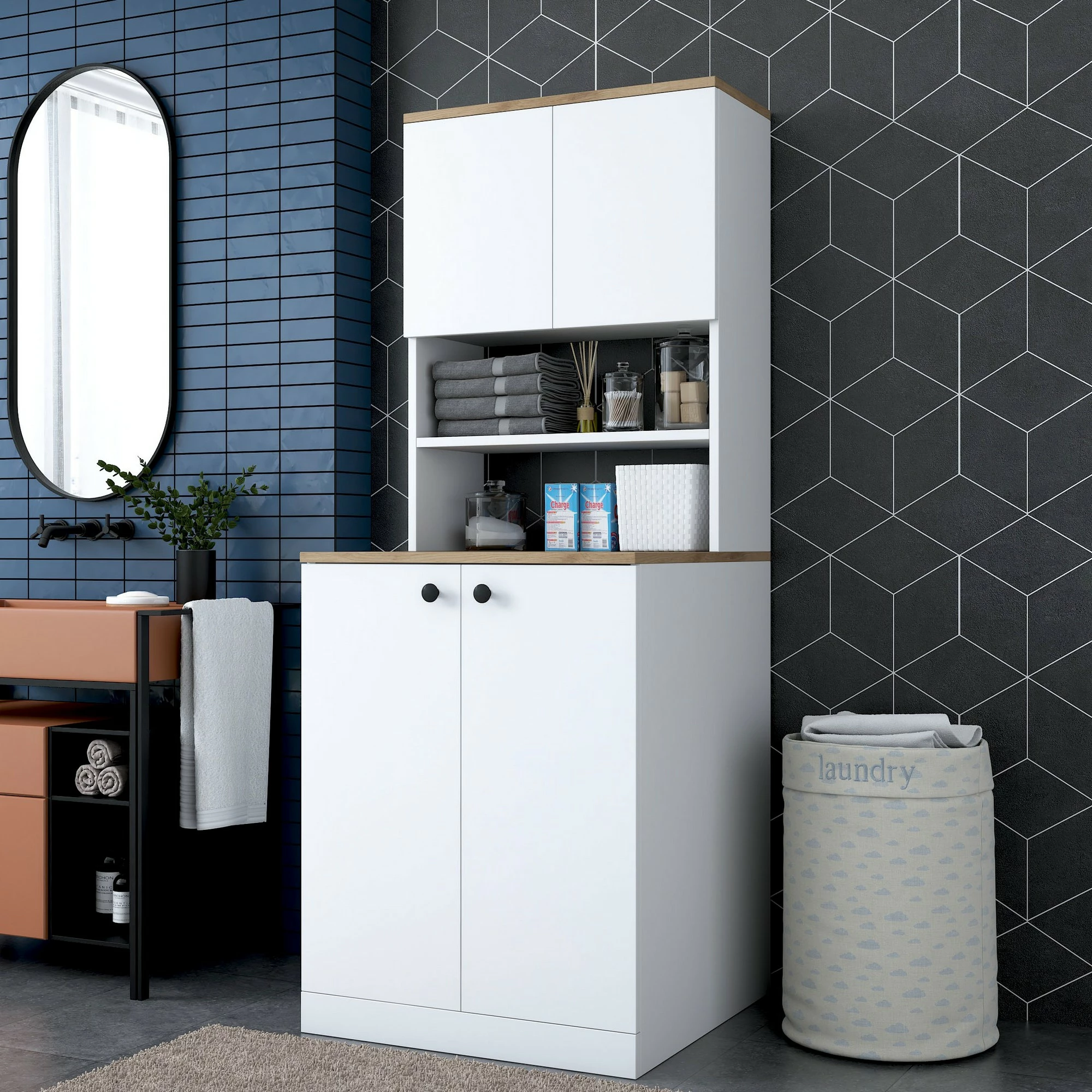 Dnevno-pralni omarica za pralni stroj, Hanah Home KD102-2160, bela in oreh
