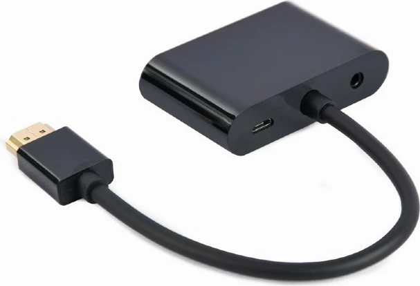 Adapter HDMI (moški na HDMI ženski + VGA ženski), z avdio in napajalnim priključkom, 15 cm, črn, Gembird A-HDMIM-HDMIFVGAF-01