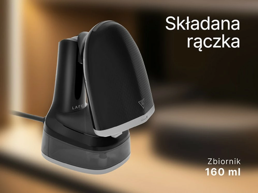 Parni likalnik Lafe EasySteam LAFZEL47580, 1600 W, izhod pare 15–25 g/min, rezervoar 140 ml, zložljiv ročaj, črn