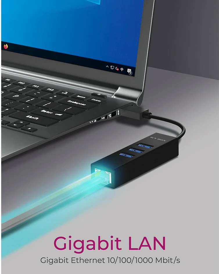 Adapter USB in LAN ICY BOX IB-HUB1419-LAN, USB 3.2 Gen 1, 10/100/1000 Mbit/s, črn