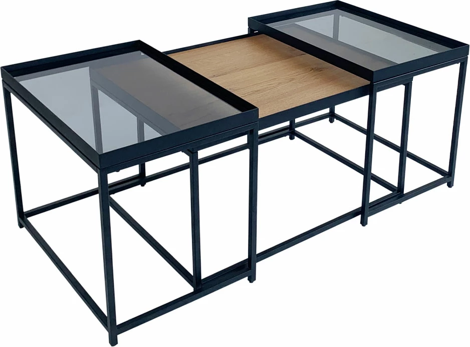 Set kavnih miz Harmonica, 3 kos, naravno, dimljeno steklo, črno, 75x55x44