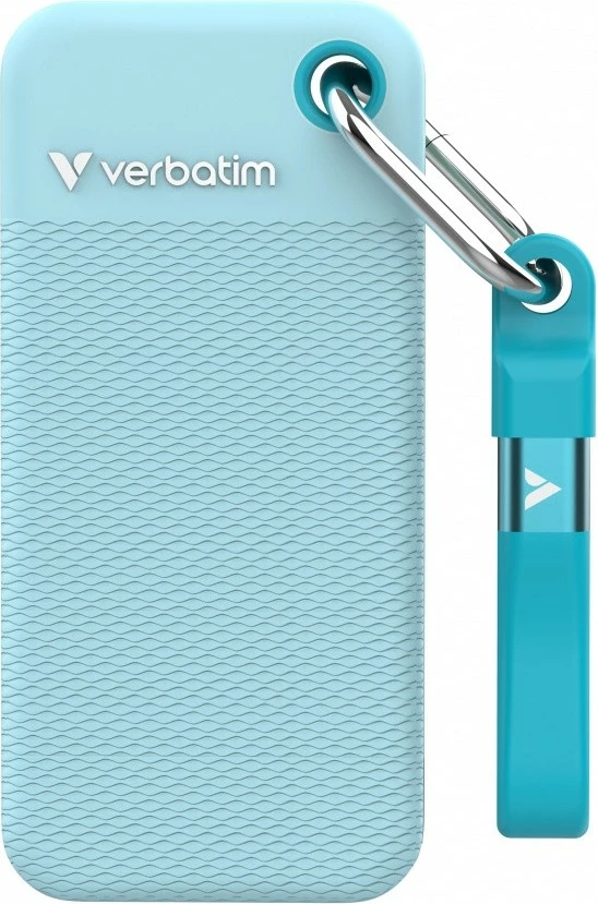 Zunanji SSD Verbatim Pocket SSD Summer Edition 32324, 1TB, M.2, USB‑C 3.2 Gen 2 do 1000 MB/s, moder, komplet s 2 gumijastima pokrovčkoma/kablom/priveskom/torbico