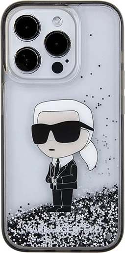 Ovitek za telefon Ikonični tekoči bleščice za iPhone 15 Pro, prozoren, Karl Lagerfeld