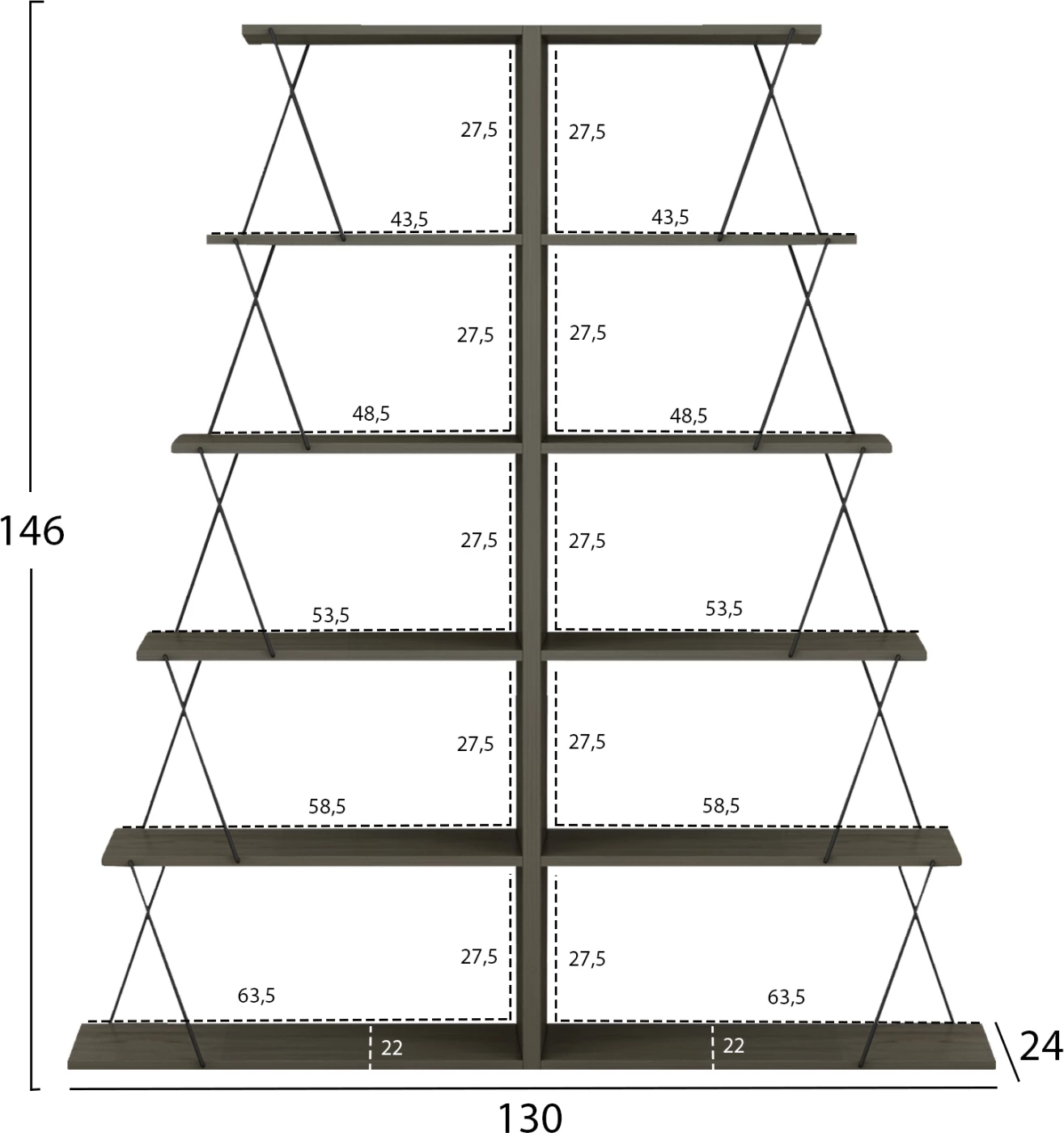 Komplet knjižnih omaric 2 kosa MINI TARS FH11772.13 melamin v olivno sivi barvi-črne kovinske palice 65x24x146Hcm.(x2)