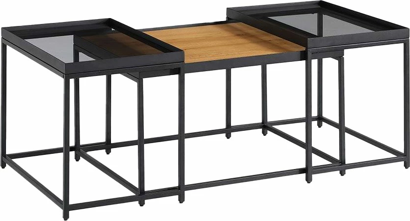 Set kavnih miz Harmonica, 3 kos, naravno, dimljeno steklo, črno, 75x55x44