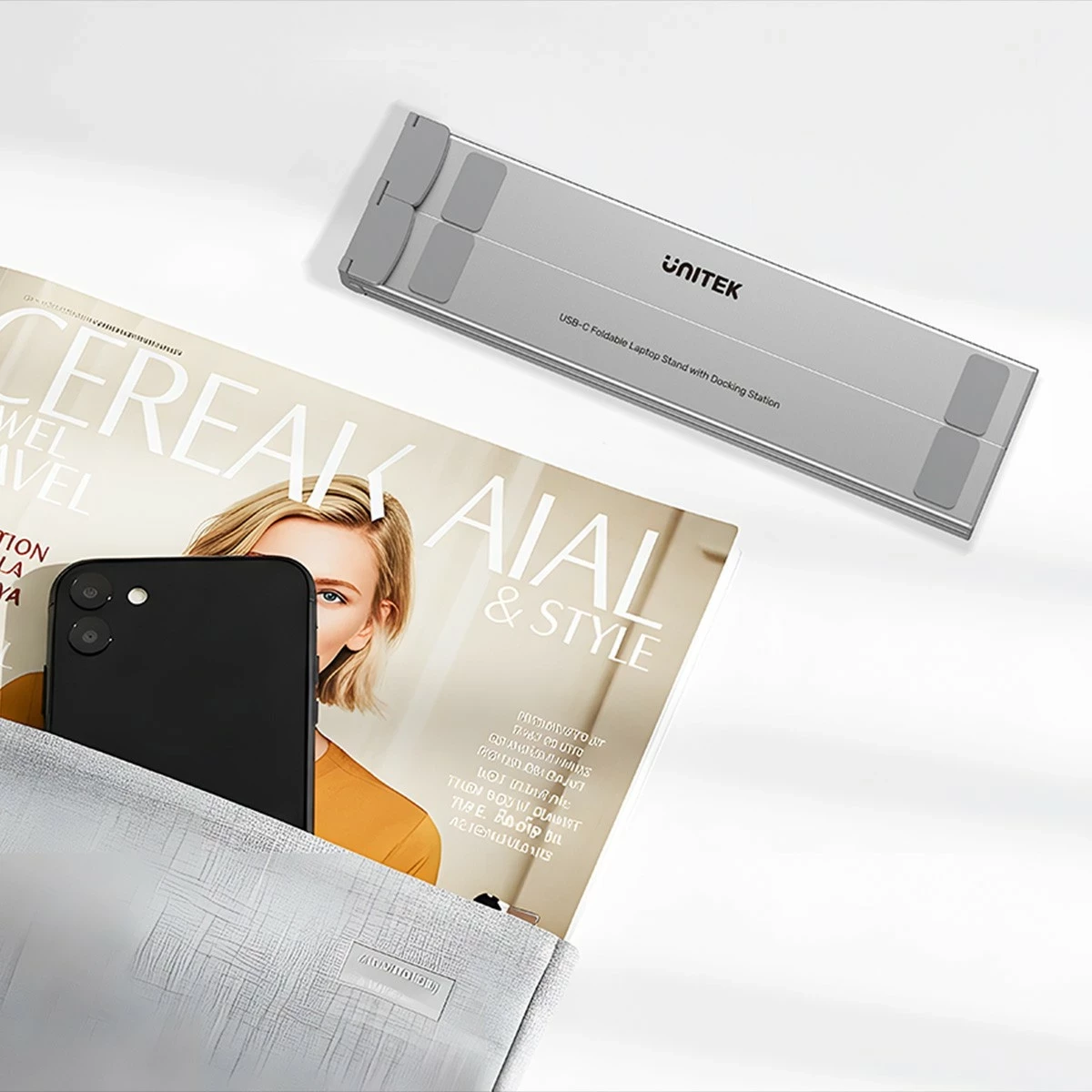 Nastavljivo stojalo za prenosnik z vgrajenim hubom HDMI/PD/SD, Unitek, srebrno