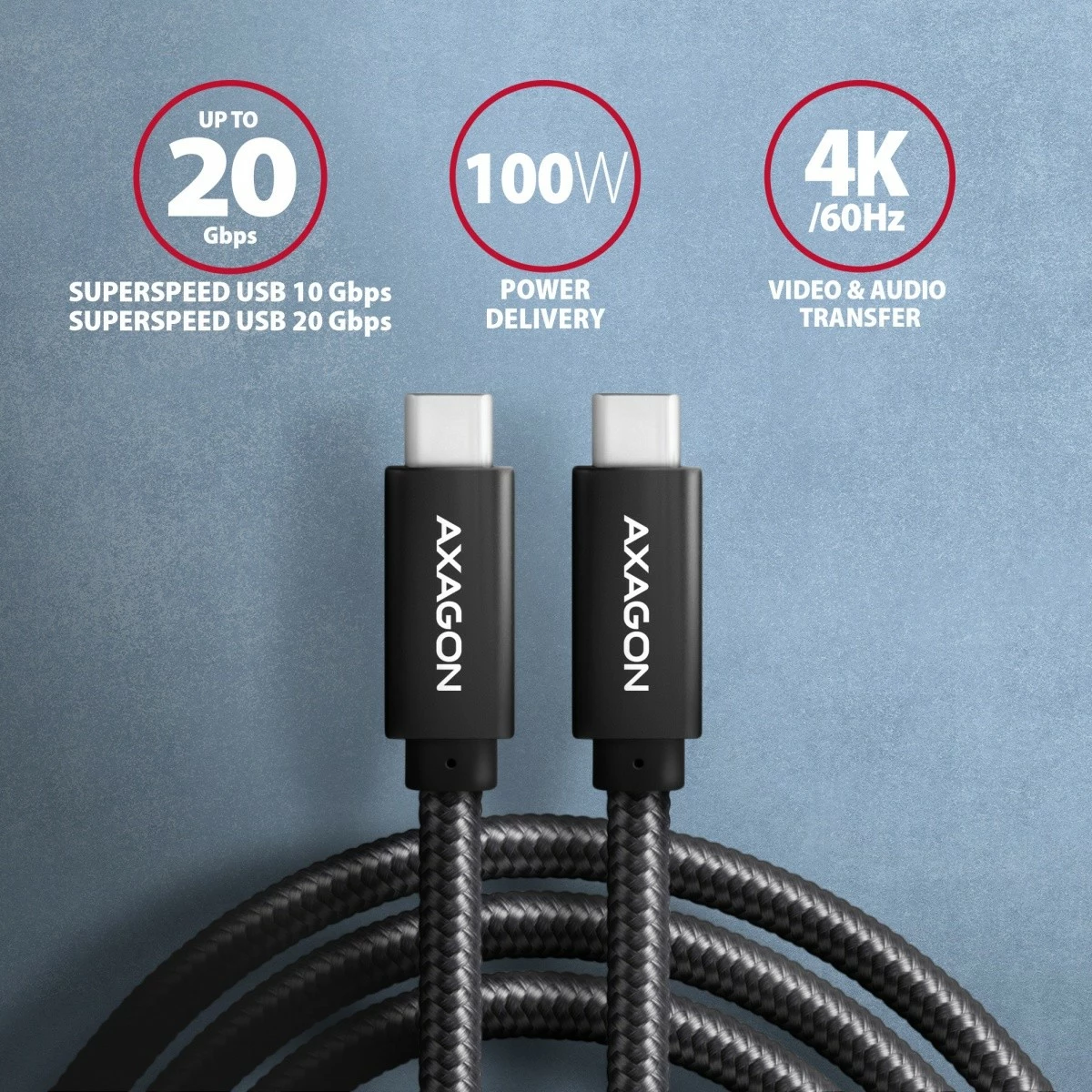 Premium USB-C kabel AXAGON BUCM32-CM20AB, 2 m, 100 W, 5 A, 4K, črn