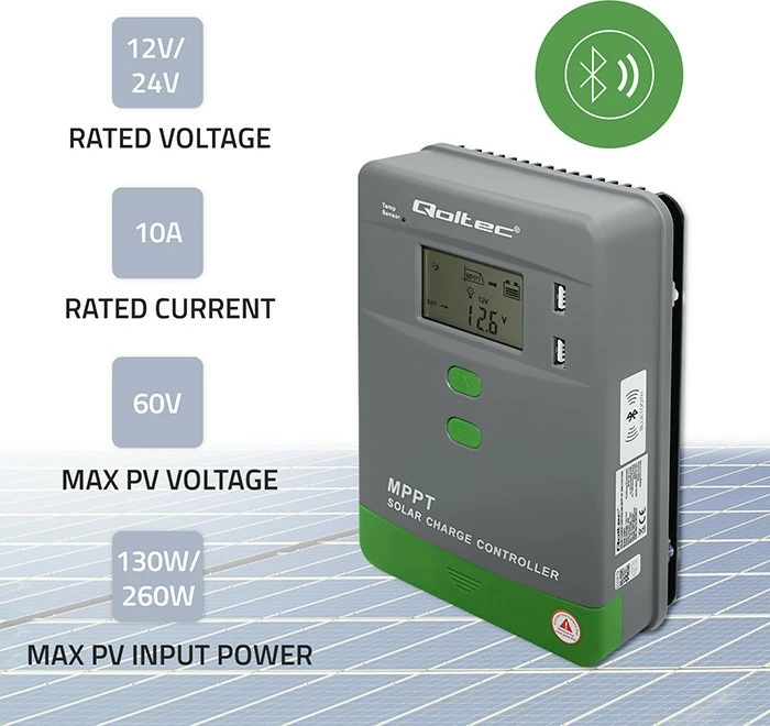 Krmilnik sončnega polnjenja Qoltec MPPT 53660, 10A, 12V/24V, LCD, 2xUSB, Bluetooth, siv/zelena
