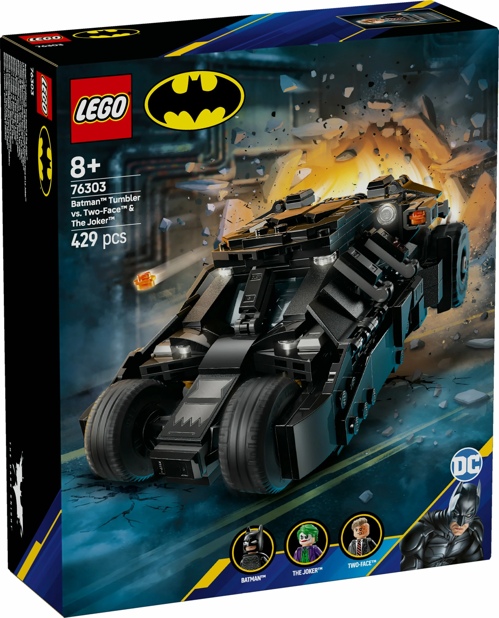 Gradbeni set LEGO DC Super Heroes 76303 Batman Tumbler proti Two-Face & Joker, 429 kosov, večbarven