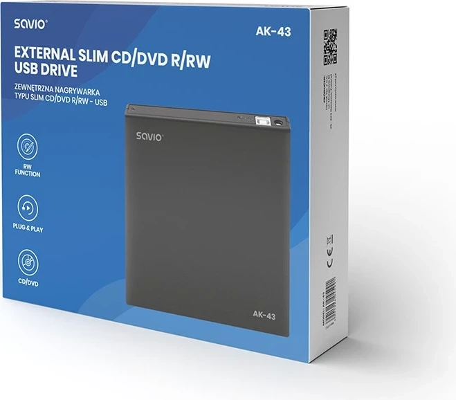 Zunanji optični pogon Savio AK-43, DVD±R/RW, CD±R/RW, črn
