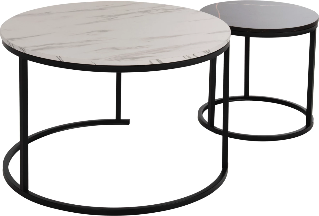 Klubska mizica FH8763.14 2-delni set MDF v videzu marmorja mešane barve s črnimi nogami Φ80-Φ48cm