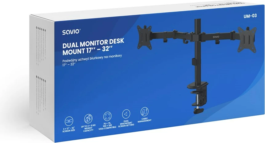 Držalo za dva monitorja Savio UM-03, 17–32 palcev, črno
