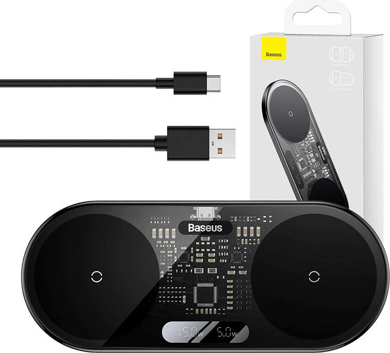 Brezžični polnilec Baseus WXSX010101, dvojni Qi, 20 W, LED zaslon, črn