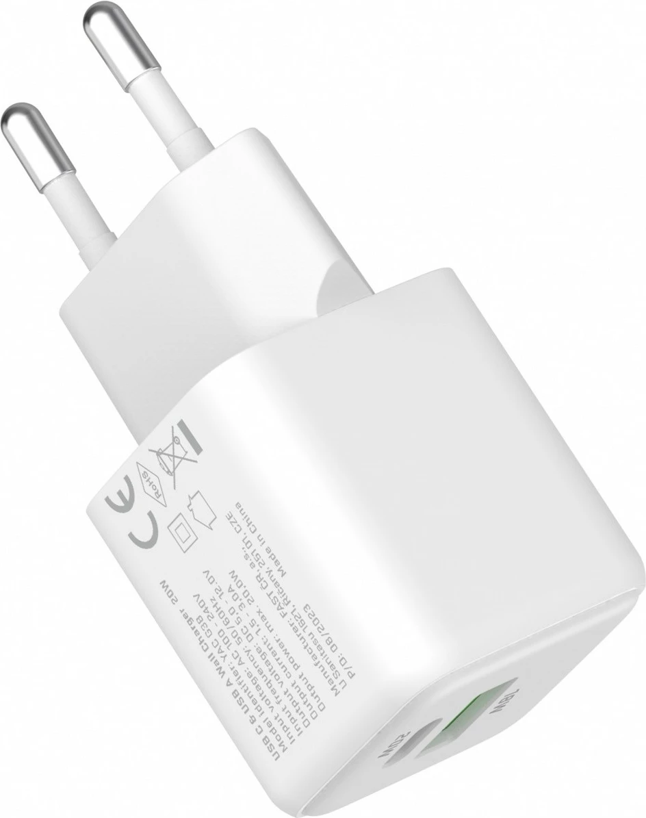 Stenski polnilec, 20 W, 2 USB vrata (USB-A + USB-C), bel, Yenkee YAC G38 VOLT