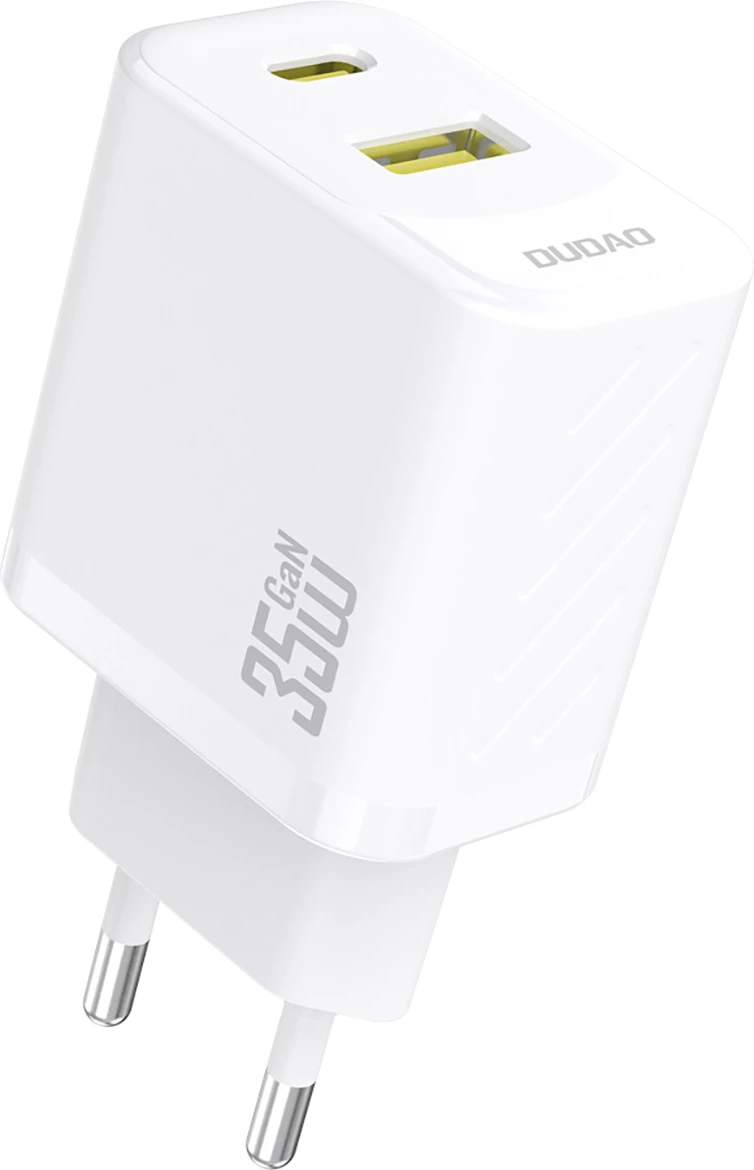 Stenski polnilec 35 W GaN, 2 vrata USB-C + USB-A, PD, EU vtič, brez kabla, bel — Dudao A27 Max