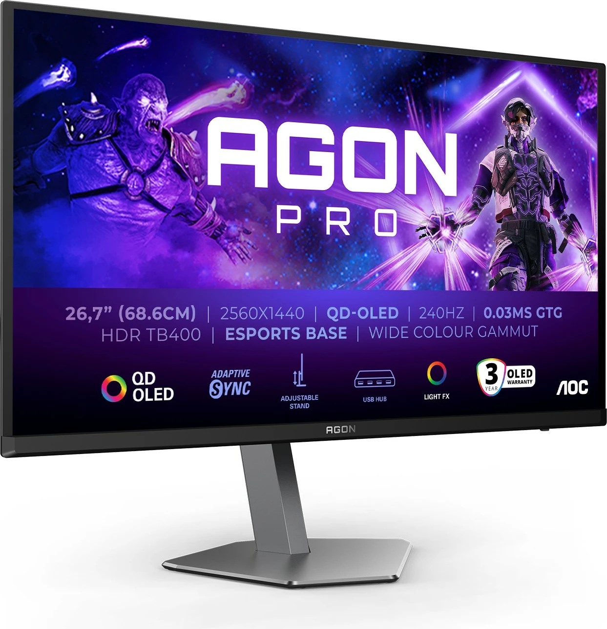 27" QHD QD-OLED igralni monitor AOC AG276QZD2, 2560x1440, 240Hz