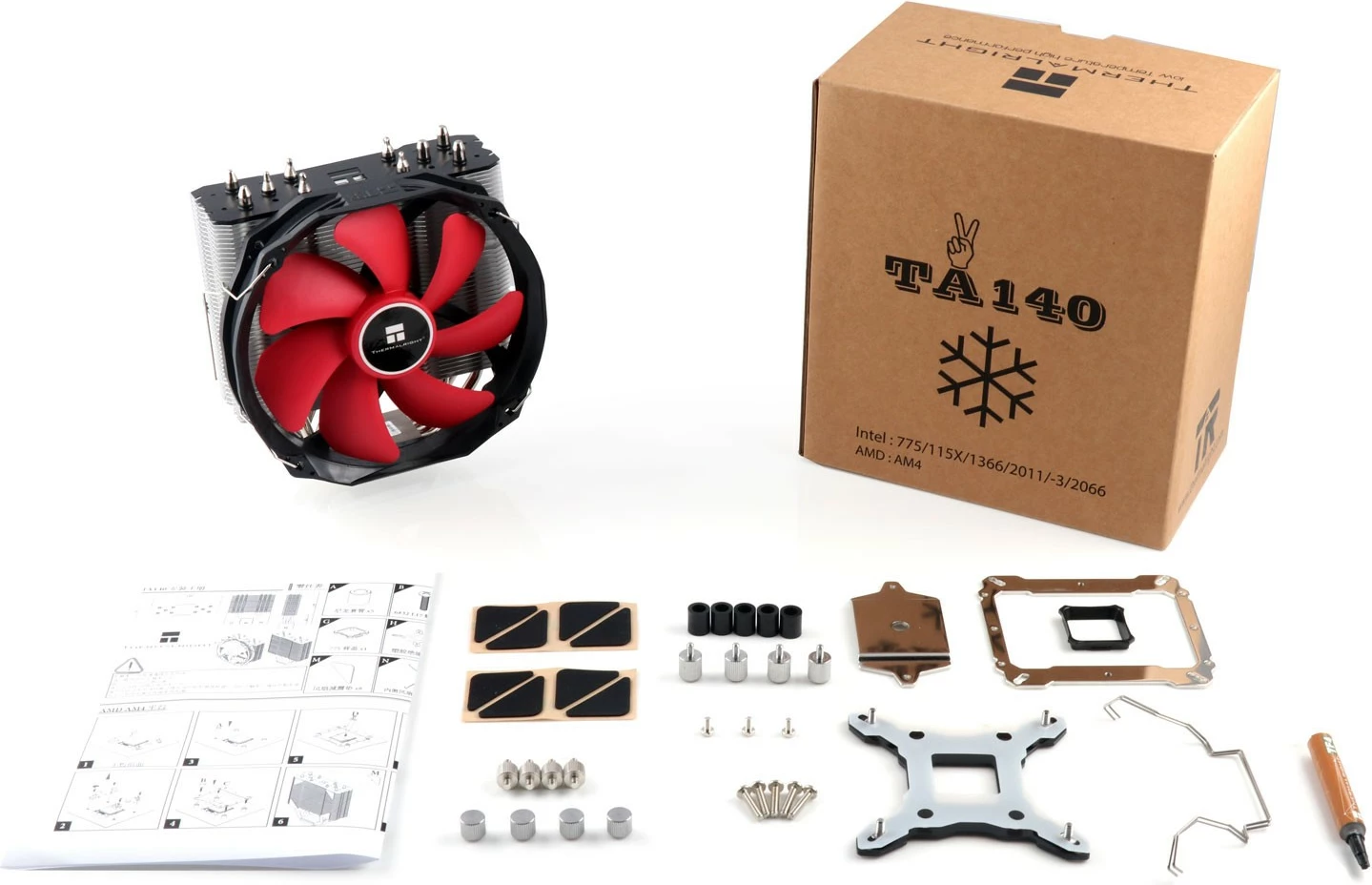 Zračno hlajenje 14 cm Thermalright TA140, 5 toplotnih cevi, 45 aluminijastih rebri, črno/rdeče/sivo