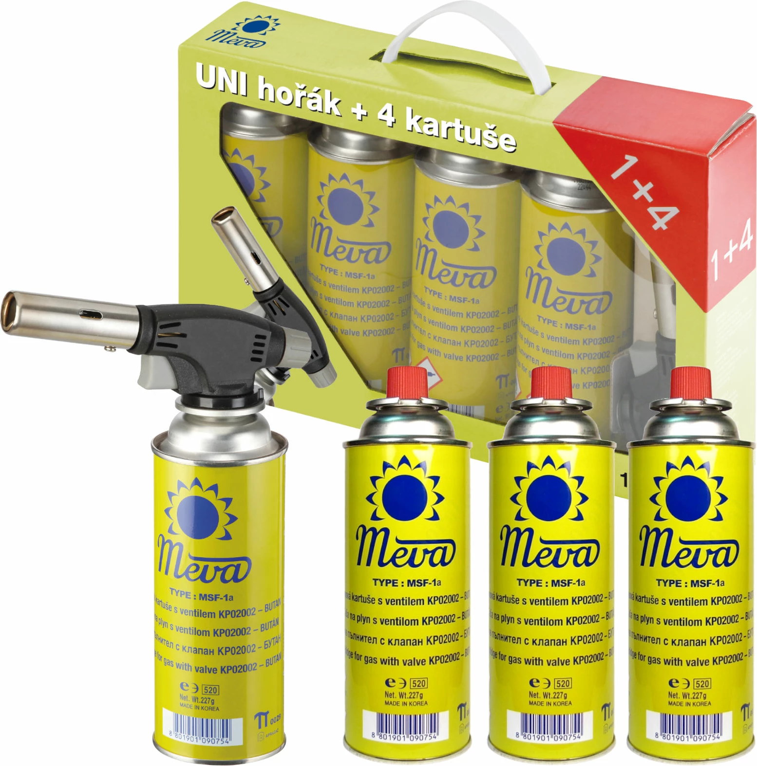 Komplet plinskega gorilnika z vžigalnikom piezo in 4 plinskimi kartušami, 1,6 kW Meva KP18004