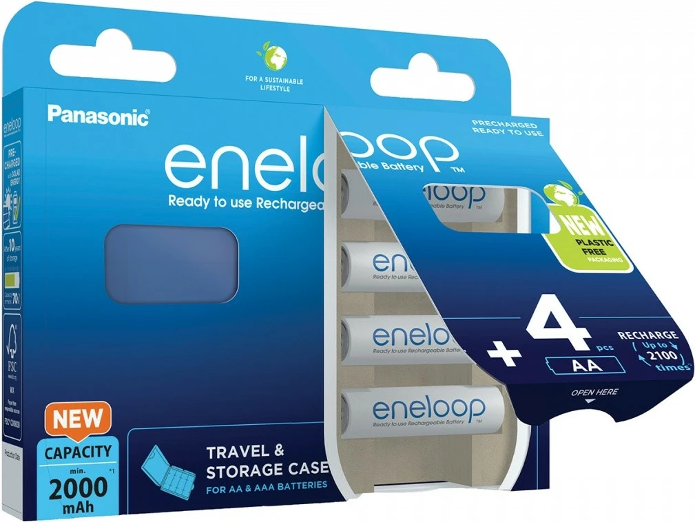 Polnilne baterije AA 2000 mAh, 4 kosi s škatlo Panasonic Eneloop