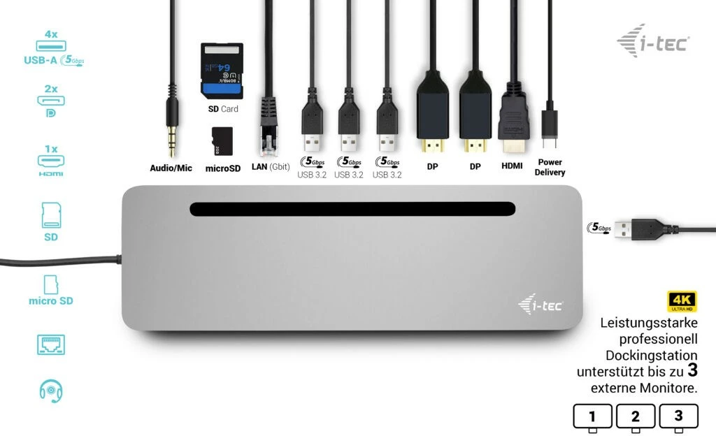 Dokovska postaja USB-C I-Tec, metalna ergonomska, 3x 4K, 100W, z univerzalnim polnilnikom, srebrna
