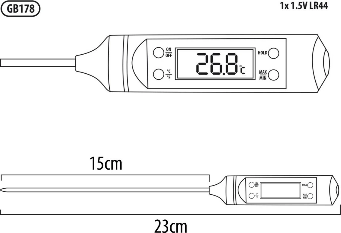 Termometer za hrano, sonda 15 cm, črn GreenBlue GB178