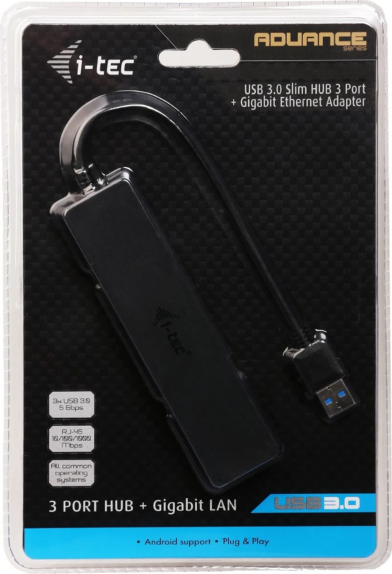 USB HUB s 3 vrati in Gigabit Ethernet, i-tec Advance, VIA VL813/ASIX AS88179, črn