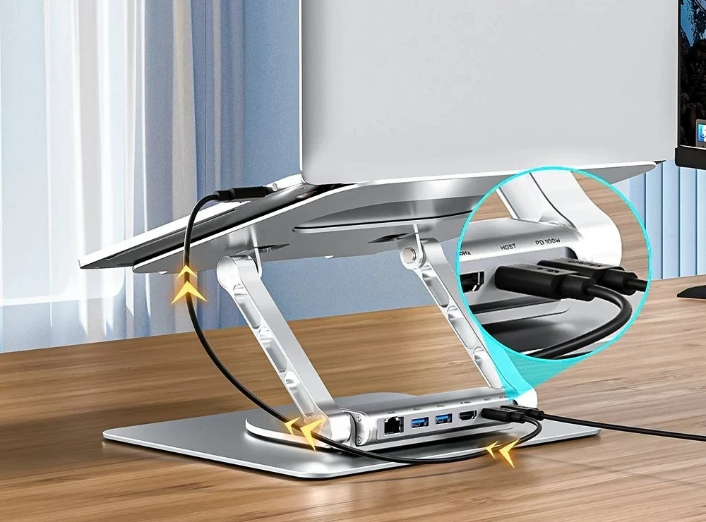 Nastavljivo stojalo za prenosnik z USB-C HDMI razdelilnikom Unitek D1109B01, PD 100W, aluminij