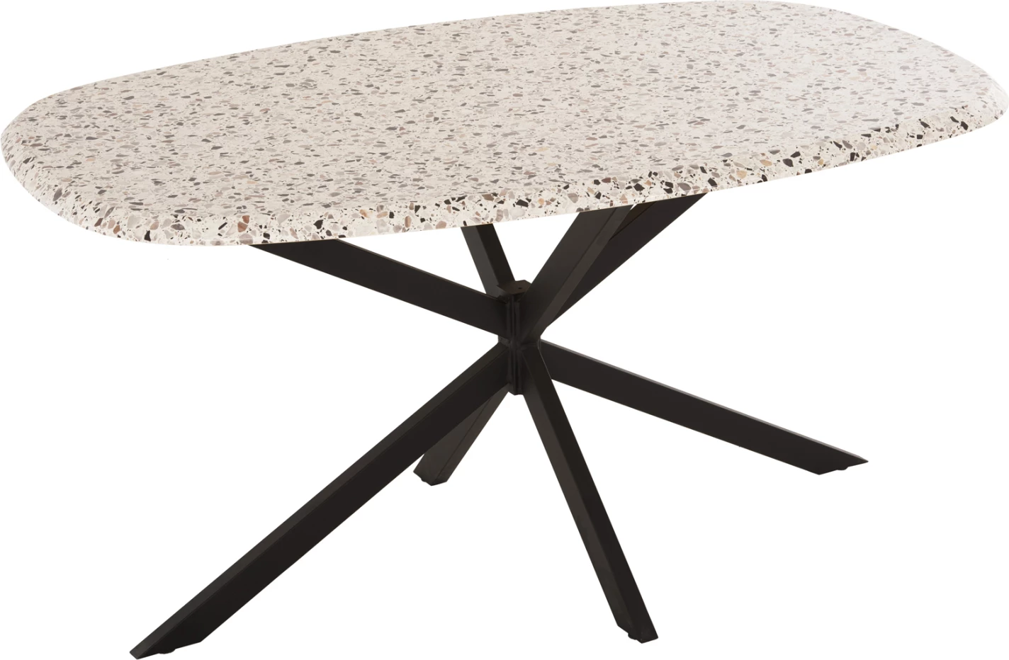 Ovalna jedilna miza RODDEN FH11903.03 Werzalit namizna plošča v barvi teraco - črna kovinska osnova 146x94x75H cm