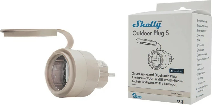 Zunanja pametna vtičnica Shelly Outdoor Plug S Gen3, Wi-Fi/Bluetooth, 12A, mocha