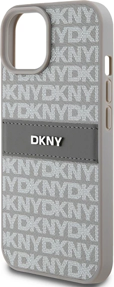 Ovitek za telefon Mono Stripe z metalnim logotipom DKNY za iPhone 15 Plus / 14 Plus, bež