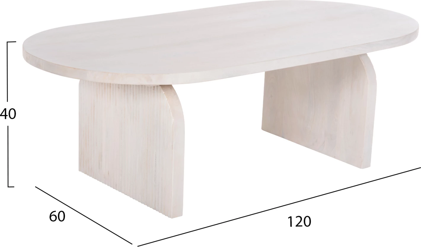 Ovalna klubska miza HONKY FH9691 iz masivnega mangovega lesa v beli barvi 120x60x40H cm
