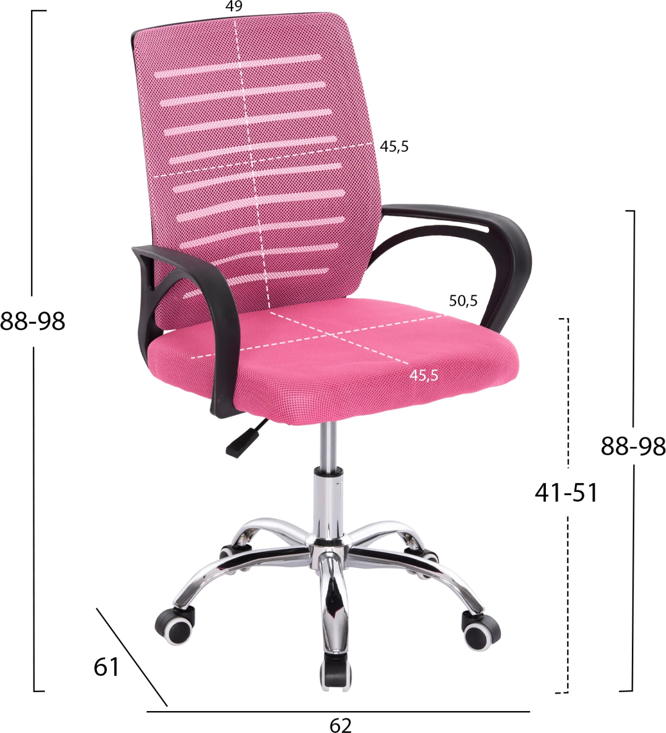 Pisarniški stol TRAIL FH1192.35 roza mreža-kromirane kovinske noge 62x51x98H cm