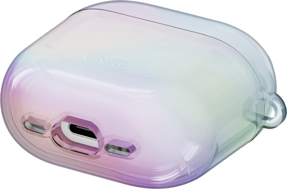 Holografski zaščitni ovoj za AirPods 4 UNIQ Iridescia, s karabino, Holo bela