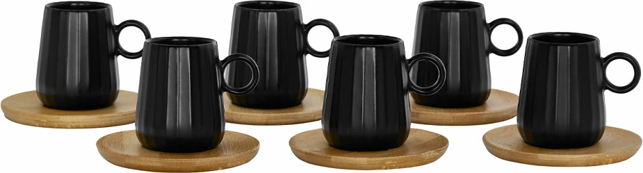 Set skodelic za espresso, 6 kosov, črn porcelan, naravni bambus, 26x23x6 cm, Ripple