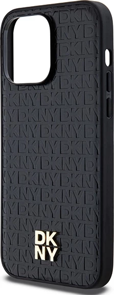 Ovitek iz ekološkega usnja z monogram vzorcem in kovinskim logotipom DKNY, MagSafe, za iPhone 14 Pro Max, črn